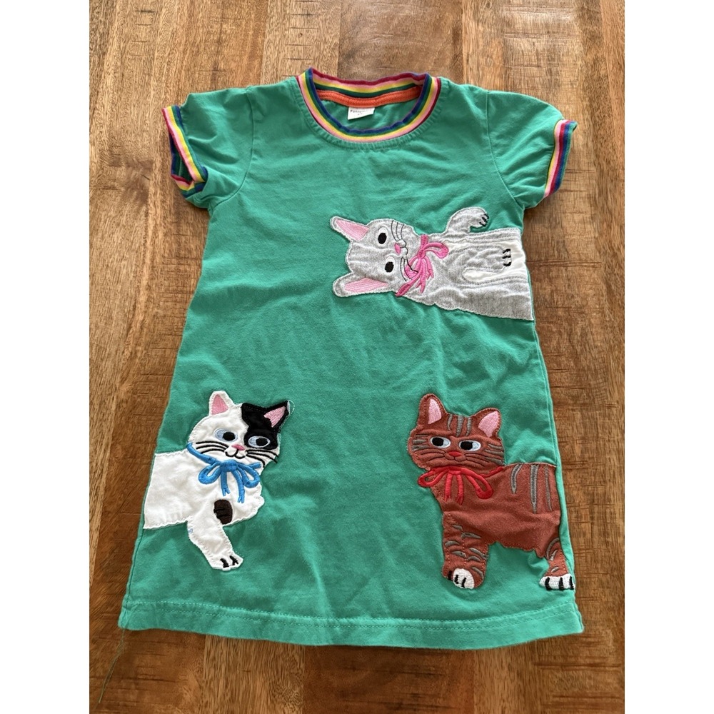 Funnymore Girls Cat Appliqué Tunic Top Size 4Y Green Rainbow Trim Cotton